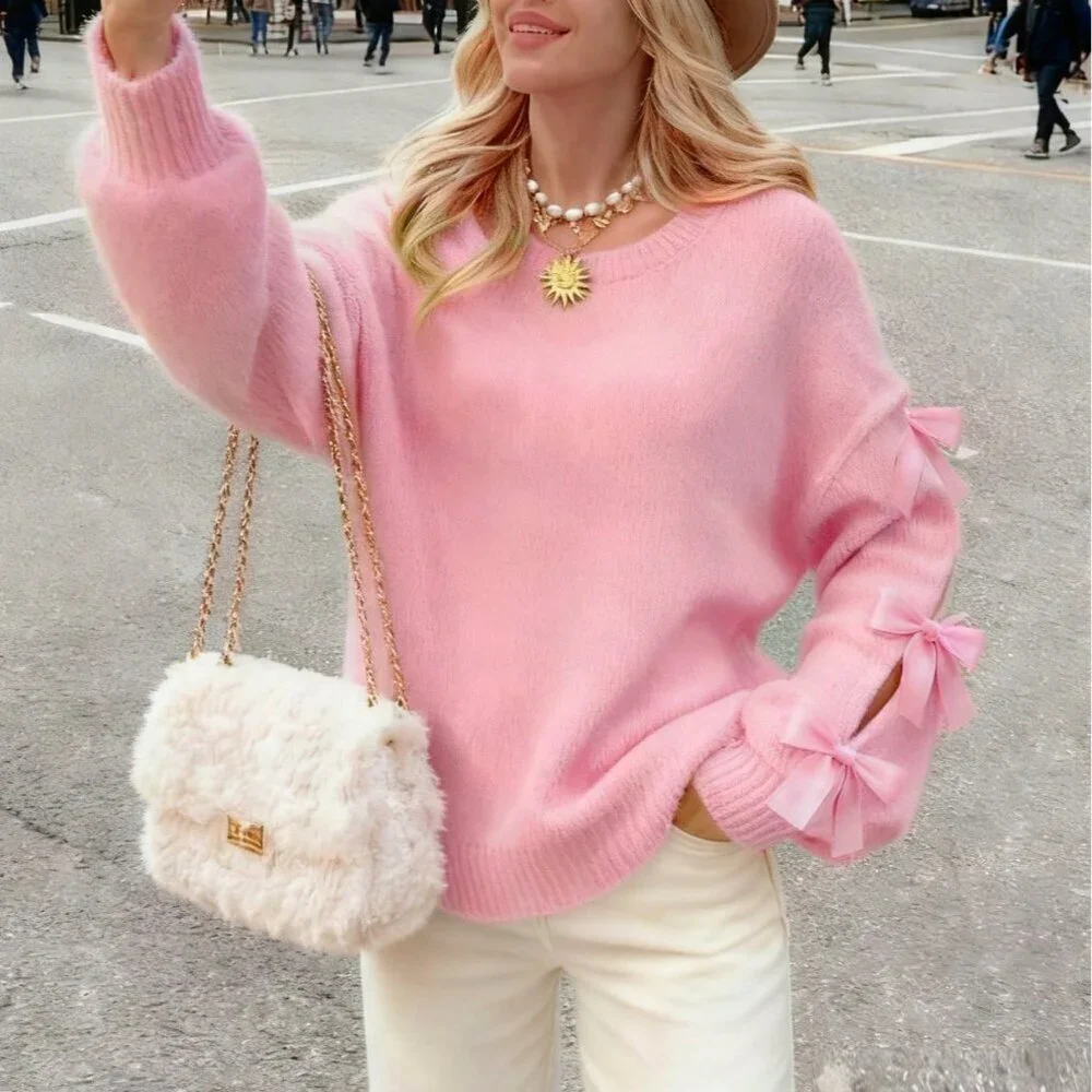 Pink Elegant Women's French Romantic Knit Pullover Sweater - Picture 1 of 6